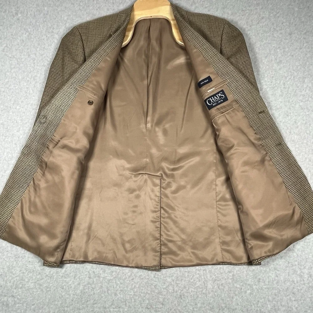 Men's Chaps Ralph Lauren 100% Silk Tan Houndstooth 2-Button 44L‎ Blazer Jacket